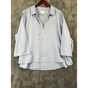 Calypso St. Barth Linen Blend Popover Top Womens 2X Blue Embroidered